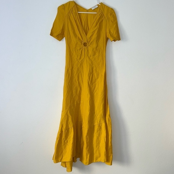 Sandro Paris Tamara Linen Asymmetric Cutout Gathered Twill Yellow Dress Size 34 - Picture 3 of 13